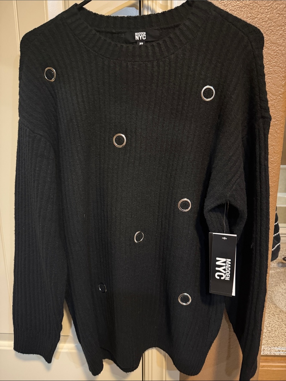 NYC Madden Black Grommet Detail Ribbed Sweater